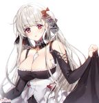  1girl artist_name azur_lane bangs between_breasts black_dress black_ribbon breasts chii_(nyaong9) cleavage dress eyebrows_visible_through_hair formidable_(azur_lane) hair_ribbon large_breasts looking_at_viewer ribbon simple_background solo twintails two-tone_dress two-tone_ribbon white_background white_dress white_hair white_ribbon 