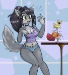  ! 2019 anthro beverage black_hair black_nose bottomwear breasts camel_toe canid canine canis choker clothing cup female green_eyes hair hi_res implied_transformation jewelry mammal navel necklace open_mouth ponytail shirt shorts sign solo surprise table tank_top tea topwear wilderlove wolf 