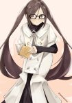  1girl akuta_hinako bangs banned_artist black-framed_eyewear black_dress blush book brown_background brown_eyes brown_hair capelet closed_mouth commentary_request dress eyebrows_visible_through_hair fate/grand_order fate_(series) glasses hair_between_eyes holding holding_book long_hair long_sleeves looking_at_viewer open_book parted_bangs sleeves_past_wrists solo tasora twintails twitter_username two-tone_background very_long_hair white_capelet white_coat 