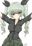  1girl anchovy bangs bob_(you-u-kai) drill_hair girls_und_panzer green_hair hair_ribbon long_hair looking_at_viewer red_eyes ribbon signature simple_background sleeves_rolled_up smile twin_drills twintails 