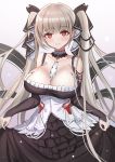  1girl azur_lane bangs between_breasts black_dress breasts cleavage closed_mouth detached_collar dress eyebrows_visible_through_hair formidable_(azur_lane) grey_hair hair_ribbon highres large_breasts long_hair looking_at_viewer red_eyes ribbon rothy_(user_cezn8425) smile solo twintails two-tone_dress two-tone_ribbon very_long_hair white_dress white_ribbon 