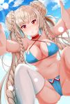  1girl ahoge alternate_costume azur_lane bangs bikini blonde_hair blue_bikini blush braid breasts choker cleavage day double_bun eyebrows_visible_through_hair formidable_(azur_lane) formidable_(the_lady_of_the_beach)_(azur_lane) highres large_breasts long_hair looking_at_viewer navel outdoors pov reaching_out red_eyes sidelocks simusong single_thighhigh solo swimsuit thighhighs thighs very_long_hair wet 