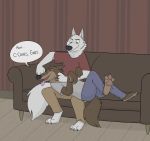  absurd_res brown_fur canid canine canis clothed clothing dialogue disney duo english_text fur gary_(zootopia) hi_res larry_(zootopia) lying male mammal on_back open_mouth scratching sitting skunkbutt_(artist) sofa speech_bubble text tongue tongue_out white_fur wolf zootopia 