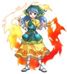 1girl :d alphes_(style) apron arm_ribbon between_fingers blue_hair blue_ribbon chisel commentary_request dairi dress eyebrows_visible_through_hair fire flower full_body green_apron haniyasushin_keiki head_scarf highres jewelry long_hair looking_at_viewer magatama magatama_necklace necklace open_mouth parody pocket puffy_short_sleeves puffy_sleeves purple_eyes ribbon sandals short_sleeves smile solo standing style_parody tachi-e tools touhou transparent_background yellow_dress 