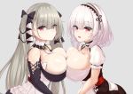  2girls absurdres annpannmenn_(anpanmenkosian) apron azur_lane bare_shoulders between_breasts black_choker black_dress black_ribbon blush breast_press breasts choker cleavage closed_mouth collarbone dress earrings eyebrows_visible_through_hair formidable_(azur_lane) frilled_apron frilled_choker frills from_side grey_background hair_between_eyes hair_intakes hair_ribbon highres jewelry lace-trimmed_hairband light_frown long_hair looking_at_viewer multiple_girls open_mouth puffy_short_sleeves puffy_sleeves red_eyes ribbon shiny shiny_hair short_hair short_sleeves silver_hair simple_background sirius_(azur_lane) smile symmetrical_docking twintails two-tone_dress two-tone_ribbon upper_body very_long_hair waist_apron white_apron white_choker white_dress white_hair white_ribbon 