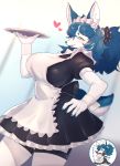  &lt;3 2019 5_fingers amber_eyes anthro apron big_breasts blue_hair blush breasts canid canine canis clothed clothing dress eyebrows eyelashes female fingers fully_clothed fur hair hand_on_hip headdress hi_res inner_ear_fluff kemono long_hair looking_at_viewer maid_uniform mammal open_mouth open_smile platter smile solo standing sususuigi uniform white_fur wolf 