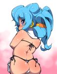  1boy ass bikini blue_eyes blue_hair blush folded_ponytail fukurou_(owl222) hacka_doll hacka_doll_3 highres long_hair micro_bikini otoko_no_ko side_ponytail solo swimsuit thong_bikini white_bikini 