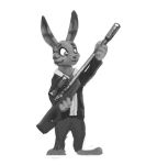  anthro clothed clothing disney flakjackal greyscale hi_res holding_gun holding_object holding_weapon jack_savage lagomorph leporid male mammal monochrome rabbit solo standing weapon zootopia 