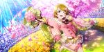  1girl :d artist_request boots bow bowtie brown_hair cherry_blossoms day double-breasted falling_petals floral_print flower grass green_bow greenhouse hair_flower hair_ornament high_heel_boots high_heels highres holding holding_flower holding_scepter koizumi_hanayo light_rays long_sleeves love_live! love_live!_school_idol_festival_all_stars love_live!_school_idol_project official_art one_eye_closed open_mouth outstretched_arm petals purple_eyes rainbow scepter short_hair smile solo standing standing_on_one_leg striped striped_bow sunlight thigh_boots thighhighs white_footwear wide_sleeves zettai_ryouiki 