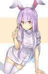  1girl alternate_costume animal_ears arm_support bangs blush breasts bunny_ears commentary dress eyebrows_visible_through_hair feet_out_of_frame hair_between_eyes hand_up holding holding_syringe long_hair looking_at_viewer medium_breasts nurse purple_hair red_eyes reisen_udongein_inaba rin_falcon short_dress short_sleeves sidelocks simple_background sitting smile solo syringe thighhighs thighs touhou very_long_hair white_background white_dress white_legwear zettai_ryouiki 