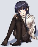  1girl black_hair black_rabbit blue_eyes blush brown_legwear brown_skirt commentary full_body grey_background highres idolmaster idolmaster_million_live! long_hair long_sleeves looking_at_viewer mogami_shizuka no_shoes open_mouth pantyhose shadow simple_background sitting skirt solo sweater thighs white_sweater 