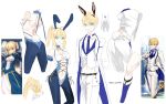  1boy 1girl adapted_costume arthur_pendragon_(fate) artoria_pendragon_(all) blonde_hair blue_neckwear breasts bunny_boy bunny_girl bunnysuit cleavage fate/grand_order fate_(series) green_eyes halterneck highres lace-up leotard necktie pants pvc_parfait reference_photo saber sock_garters white_pants 