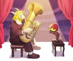  anthro asgore_dreemurr boss_monster bovid caprine crowd doseisanut duo flute group human male mammal musical_instrument protagonist_(undertale) sitting stage standing tuba undertale video_games 