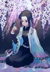  black_hair butterfly_hair_ornament butterfly_on_finger flower full_body hair_ornament haori highres japanese_clothes kimetsu_no_yaiba kochou_shinobu lips purple_eyes seiza sidelocks sitting smile uniform wisteria ykelo 