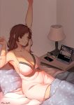  1girl arm_above_head armpits arms_up bare_shoulders bed bed_sheet bedroom black-framed_eyewear breasts brown_hair cellphone cleavage clock closed_eyes closed_mouth collarbone commission dress english_commentary eyebrows_visible_through_hair glasses halterneck highres indoors lampshade large_breasts lulu-chan92 messy_hair nightstand original phone pillow pink_dress sitting sleepwear smartphone smile stretch thighs waking_up 