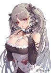  1girl azur_lane bangs bare_shoulders between_breasts black_dress blush breasts cleavage dress eyebrows_visible_through_hair formidable_(azur_lane) frilled_dress frills grey_hair hair_ribbon hands_on_own_chest highres jewelry large_breasts liu_lan long_hair long_sleeves looking_at_viewer open_mouth red_eyes ribbon simple_background solo twintails two-tone_dress two-tone_ribbon very_long_hair white_background 