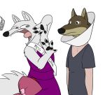  anthro canid canine canis clothed clothing cone_of_shame crossdressing crown disney dress duo english_text gary_(zootopia) hi_res humor larry_(zootopia) male mammal open_mouth shaved shirt skunkbutt_(artist) standing t-shirt teeth text tiara tongue topwear wolf zootopia 