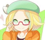  1girl ayunosu bel_(pokemon) blonde_hair closed_mouth commentary_request glasses green_eyes hat jacket looking_at_viewer pokemon pokemon_(game) pokemon_bw2 short_hair smile solo 