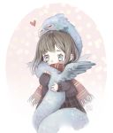  1girl artist_name bangs blue_eyes blush brown_hair comforting commentary_request creature crying crying_with_eyes_open fairyapple fantastic_beasts_and_where_to_find_them gryffindor harry_potter heart hug long_sleeves occamy original russian_commentary sad scarf skirt sweater tears 