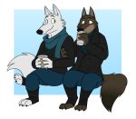  anthro beverage canid canine canis clothed clothing coffee disney duo gary_(zootopia) larry_(zootopia) male mammal scarf sitting skunkbutt_(artist) wolf zootopia 