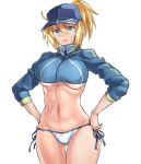  1girl artoria_pendragon_(all) ass_visible_through_thighs bangs baseball_cap bikini blonde_hair blue_headwear blush breasts commentary_request cowboy_shot depo_(typebaby505) fate/grand_order fate_(series) frown groin hair_through_headwear hands_on_hips hat long_sleeves looking_at_viewer medium_breasts medium_hair mysterious_heroine_xx_(foreigner) navel parted_lips shrug_(clothing) side-tie_bikini simple_background solo standing sweatdrop swimsuit thigh_gap thighs underboob wet white_background white_bikini zipper_pull_tab 