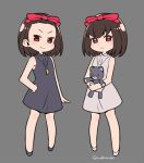  2girls aki_(persona) arm_at_side bangs bare_arms brown_eyes brown_hair closed_mouth collared_dress do_m_kaeru dress eyebrows_visible_through_hair full_body grey_background grey_dress hair_ribbon hand_on_hip holding holding_stuffed_animal jewelry looking_at_viewer mai_(persona) medium_hair mole mole_under_mouth multiple_girls pendant persona persona_1 red_ribbon ribbon sad simple_background sleeveless sleeveless_dress smile stuffed_animal stuffed_toy teddy_bear twitter_username wing_collar 