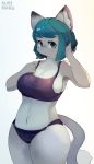  4_fingers anthro big_breasts blue_eyes blue_hair blush breasts cleavage clothed clothing domestic_cat felid feline felis female fingers hair hi_res kemono kuri-karu mammal navel side_boob simple_background snout solo standing white_background 