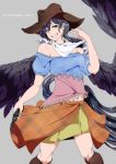  1girl alternate_eye_color bandana bangs bare_shoulders black_hair black_wings blue_eyes blue_shirt boots breasts brown_footwear brown_headwear character_name commentary_request cowboy_hat eyebrows_visible_through_hair feathered_wings feet_out_of_frame grey_background grin gun hair_between_eyes hand_up handgun hat head_tilt holding holding_gun holding_weapon knee_boots kurokoma_saki long_hair looking_at_viewer medium_breasts midriff_peek miniskirt navel off-shoulder_shirt off_shoulder orange_skirt plaid plaid_shirt plaid_skirt potato_pot puffy_short_sleeves puffy_sleeves revolver shirt short_sleeves simple_background skirt smile solo standing touhou unmoving_pattern very_long_hair weapon wings yellow_skirt 
