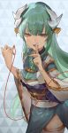  1girl :d aqua_hair bangs eyebrows_visible_through_hair fate/grand_order fate_(series) finger_to_mouth hair_ornament highres horns japanese_clothes kimono kiyohime_(fate/grand_order) long_hair nuda open_mouth red_string sash shushing smile solo string yellow_eyes 