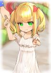  1girl 1other absurdres arm_up blonde_hair bow child dress green_eyes hair_bow hands highres holding_hands long_hair looking_at_viewer original outdoors pointing pout ribbon shou_zong slide sundress twintails white_dress 