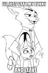  ? anthro black_and_white canid canine carrying clothed clothing disney duo english_text female fox hi_res impact_font judy_hopps lagomorph leporid male mammal monochrome nick_wilde rabbit robcivecat text zootopia 