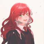  1girl bangs blush breasts collared_shirt green_eyes gryffindor happy harry_potter hogwarts_school_uniform jacket kurosujuu lily_evans long_hair looking_at_viewer necktie open_mouth petals red_hair red_neckwear school_uniform shirt simple_background smile solo sweater upper_body wind 