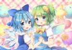  2girls :d balloon bangs blue_dress blue_eyes blue_hair blue_sky blue_vest blush bow breasts brown_flower cirno commentary_request daiyousei dress eyebrows_visible_through_hair fairy_wings fang flower frilled_shirt_collar frills green_hair hair_between_eyes hair_bow heart holding_hands ice ice_wings interlocked_fingers multiple_girls one_side_up open_mouth petals pink_flower pjrmhm_coa plaid plaid_background puffy_short_sleeves puffy_sleeves shirt short_sleeves sky sleeveless sleeveless_shirt small_breasts smile star touhou vest white_shirt wings yellow_bow yellow_flower 