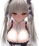  1girl arm_under_breasts azur_lane bangs bare_shoulders between_breasts black_dress black_nails blush breasts cleavage commentary_request dress earrings embarrassed eyebrows_visible_through_hair formidable_(azur_lane) frilled_dress frills grey_hair hair_ribbon highres jewelry large_breasts long_hair long_sleeves looking_at_viewer red_eyes revision ribbon rigging simple_background solo sweatdrop twintails two-tone_dress two-tone_ribbon upper_body very_long_hair watarui white_background 