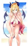  1girl :d bangs bent_over bikini blonde_hair blue_eyes blue_sky breasts cleavage cloud covered_nipples demon_horns demon_tail demon_wings eyebrows_visible_through_hair gradient_hair highres hololive horns kiyama_satoshi large_breasts long_hair looking_at_viewer multicolored_hair ocean open_mouth pink_hair pointy_ears ponytail purple_bikini sky smile solo swimsuit tail tattoo very_long_hair virtual_youtuber wings yuzuki_choco 