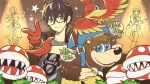  amamiya_ren backpack bag banjo-kazooie banjo_(banjo-kazooie) bear bird black_hair blue_eyes blush brown_hair commentary_request cropped_sweater dancing dragon_quest dragon_quest_viii dragon_quest_xi feathers flower_pot furonyan glasses gloves green_eyes hat hero_(dq11) hero_(dq8) highres kazooie_(banjo-kazooie) looking_at_viewer mario_(series) multiple_boys open_mouth pants persona persona_5 persona_5:_dancing_star_night persona_dancing piranha_plant plaid plaid_pants plant red_gloves simple_background smile super_mario_bros. super_smash_bros. wings 