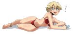  1girl anklet aono3 arm_support bangs bikini blonde_hair blue_eyes braid breasts commentary cup darjeeling eyebrows_visible_through_hair full_body girls_und_panzer highres holding holding_cup jewelry leg_up legs looking_at_viewer lying medium_breasts navel on_side open_mouth red_bikini shadow short_hair simple_background smile solo swimsuit teacup tied_hair twin_braids white_background 