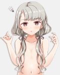  1girl arms_up braid breasts brown_eyes commentary_request empty_eyes grey_background hair_over_breasts hisakawa_nagi idolmaster idolmaster_cinderella_girls long_hair low_twintails narunaru1320 navel nipples silver_hair simple_background small_breasts solo topless twintails upper_body 