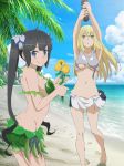  2girls absurdres aiz_wallenstein animal armor arms_up barefoot beach black_hair blonde_hair blue_eyes blue_sky breasts chestnut_mouth cliff cloud cloudy_sky dungeon_ni_deai_wo_motomeru_no_wa_machigatteiru_darou_ka flower footprints forest hestia_(danmachi) highres hill holding holding_animal holding_flower horizon large_breasts leaf_bikini leaf_clothing leaf_skirt long_hair looking_at_viewer looking_up mountain multiple_girls nature navel official_art open_mouth rock sea_cucumber sky smile stomach twintails underboob yellow_eyes 