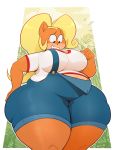  absurd_res activision alpha_channel belly big_breasts blonde_hair bodily_fluids breasts clothing coco_bandicoot crash_bandicoot_(series) female flying_sweatdrops hair hi_res midriff overweight ridiculouscake simple_background solo sweat sweatdrop thick_thighs video_games wide_hips 
