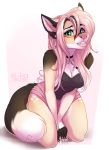  2019 5_fingers anthro breasts canid canine canis clothed clothing digital_media_(artwork) domestic_dog ear_piercing ear_ring ei-ka eyebrows eyelashes female fingers green_eyes hi_res mammal piercing pink_kneeling simple_background solo white_background 