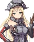  1girl alchera anchor bismarck_(kantai_collection) blonde_hair blue_eyes breastplate brown_gloves detached_sleeves gloves hat kantai_collection long_hair looking_at_viewer military military_hat military_uniform peaked_cap simple_background solo uniform upper_body white_background 