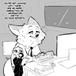  1:1 anthro canid canine cellphone clothed clothing computer cup dialogue disney duo english_text fluffy fox jack_savage keyboard lagomorph leporid male mammal nick_wilde phone rabbit replytoanons sitting standing teeth text window zootopia 