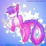  1:1 2019 5_fingers abstract_background anthro bent_over big_ears breasts claws countershading dragon fingers gesture gloves_(marking) greenlinzerd hair hi_res horn looking_at_viewer maned_dragon markings multicolored_scales navel nude one_eye_closed pink_body pink_eyes pink_scales purple_hair scales scalie short_hair signature smile tongue tongue_out two_tone_scales v_sign white_countershading wingless_dragon wink 