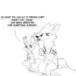  1:1 anthro arctic_fox beverage black_and_white bodily_fluids canid canine clothed clothing dialogue disney duo english_text eyes_closed female fox judy_hopps lagomorph leporid mammal monochrome rabbit replytoanons sitting sketch skye_(zootopia) spit-take straw sweat text zootopia 