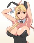  1girl animal_ears armpits arms_up bangs blonde_hair bow bowtie breasts bunny_ears bunnysuit cleavage detached_sleeves fushimi_yuyu highres large_breasts long_hair looking_at_viewer low_twintails open_mouth red_eyes salad_tokutaro simple_background solo twintails usotsuki_mii-kun_to_kowareta_maa-chan white_background wrist_cuffs 