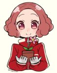  1girl brown_hair closed_mouth do_m_kaeru flower gloves holding jacket long_sleeves looking_at_viewer okumura_haru persona persona_5 pink_eyes pink_flower plant potted_plant red_jacket short_hair simple_background smile solo track_jacket twitter_username upper_body white_gloves 