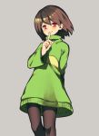  1other androgynous brown_hair chara_(undertale) closed_mouth commentary_request dress legs looking_at_viewer no_pants oshiruko_(tsume) overalls pantyhose red_eyes shirt short_hair smile solo striped striped_shirt striped_sweater sweater undertale 