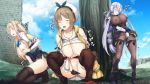 3girls atelier_(series) atelier_ryza bare_shoulders blonde_hair blush bodysuit braid breasts brown_hair cleavage closed_eyes covered_nipples daiaru day fingering gloves hair_ornament hairband hairclip hat jewelry klaudia_valentz kneeling large_breasts lila_decyrus long_hair low_twintails masturbation multiple_girls necklace nipples open_mouth outdoors pantyhose pubic_tattoo pussy pussy_juice reisalin_stout see-through short_hair silver_hair spread_legs squatting standing tattoo thighhighs thighs tree twintails very_long_hair white_headwear 