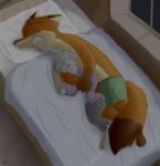  anothercolouranon anthro bed canid canine clothed clothing dipstick_tail disney duo eyes_closed female fox hi_res hug judy_hopps lagomorph leporid male mammal multicolored_tail nick_wilde pillow rabbit sleeping spooning topless window zootopia 